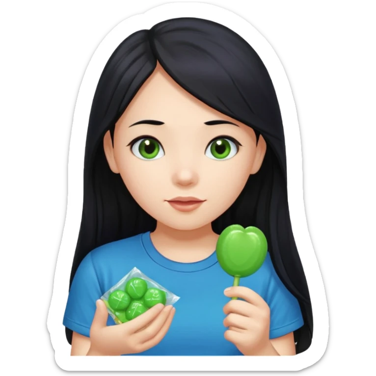 A girl with long black hair wearing a blue t-shirt holding a piece of green hard candy in one hand and a green candy wrapper showing a guava on it in the other hand sticker