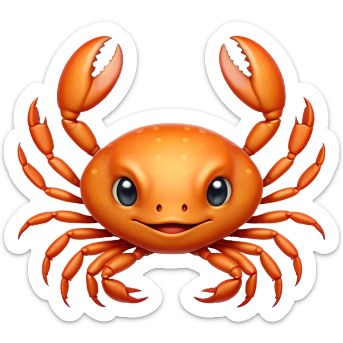 Cinematic Cute Baby Crab Portrait Emoji, Head tilted playfully and inquisitively, featuring an adorably small form with a delicately patterned carapace, round, sparkling eyes, and tiny, endearing pincers, Simplified yet irresistibly adorable features, highly detailed, glowing with a warm, friendly coastal glow, high shine, affectionate and lively, stylized with a touch of seaside whimsy, soft glowing outline, capturing the essence of a mischievous yet loving baby crab that seems as if it could pinch its way out of the screen into your arms! sticker