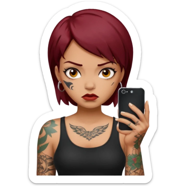 generate a girl with dark red hair, tattoos, short black hair calling on the mobile phone. Looking mad sticker