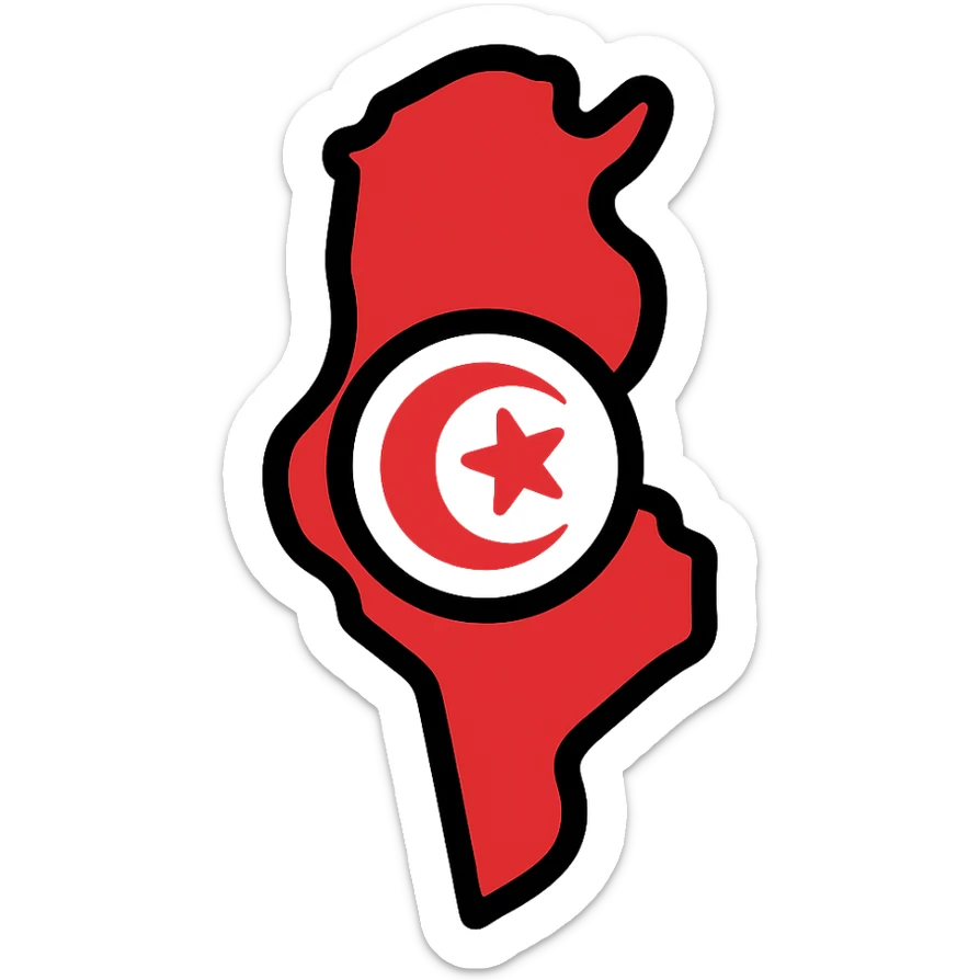 icon of Tunisia's map with a red and white color scheme, crescent and star sticker