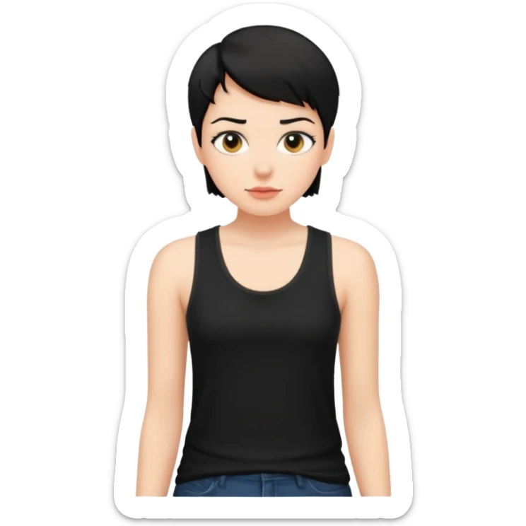 a white woman with short tomboy black hair wearing men's black tank top sticker