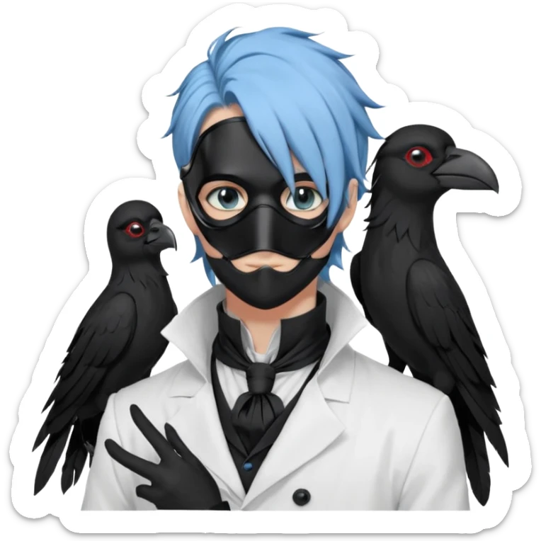 Handsome sexy adult anime man with light-blue hair and a black bird beak mask that covers whole face, black face mask, black mouth mask, black feathers draped over shoulder, wearing a white lab coat, long thin hair tendrils on the sides, with a mechanical raven sidekick, blue cravat, red eyes sticker