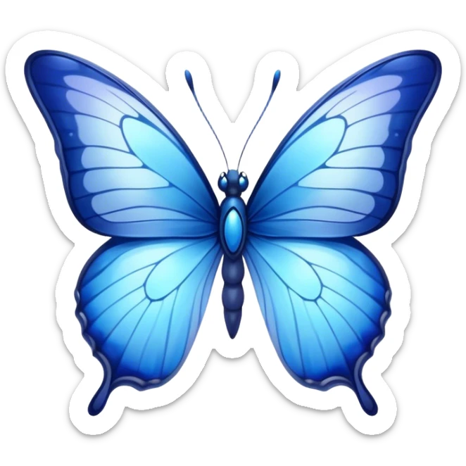 Cinematic Realistic Noble Blue Butterfly Portrait Emoji, Poised and graceful, with delicate, translucent wings rendered in vivid sapphire and indigo tones, a slender, elegant body with finely detailed textures, and gentle, reflective eyes, illuminated by soft natural light, high shine, intelligent and ethereal, styled with an air of refined natural beauty, focused and attentive, soft glowing outline, capturing the essence of a watchful and confident blue butterfly that appears to flutter out of the screen with effortless grace! sticker