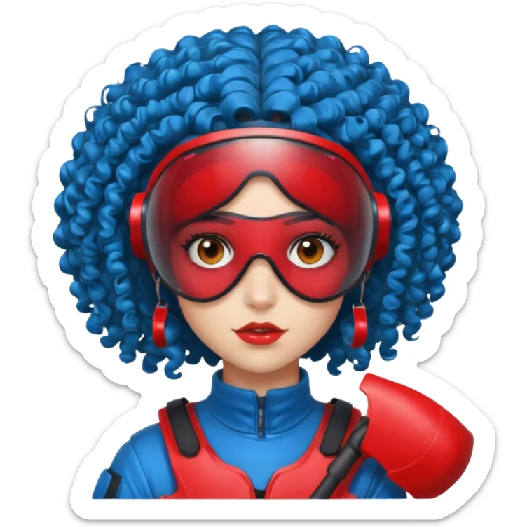 blue curly haired girl with huge earrings wearing red paintball helmet and eye protection, only face  sticker