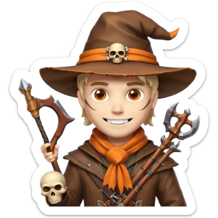 male human monster hunter emoji, wearing brown leather coat and wide hat, holding crossbow or rifle, with amulet shaped like skull, Halloween fantasy theme, confident smile, orange scarf, Apple emoji style, clean white background, square image sticker