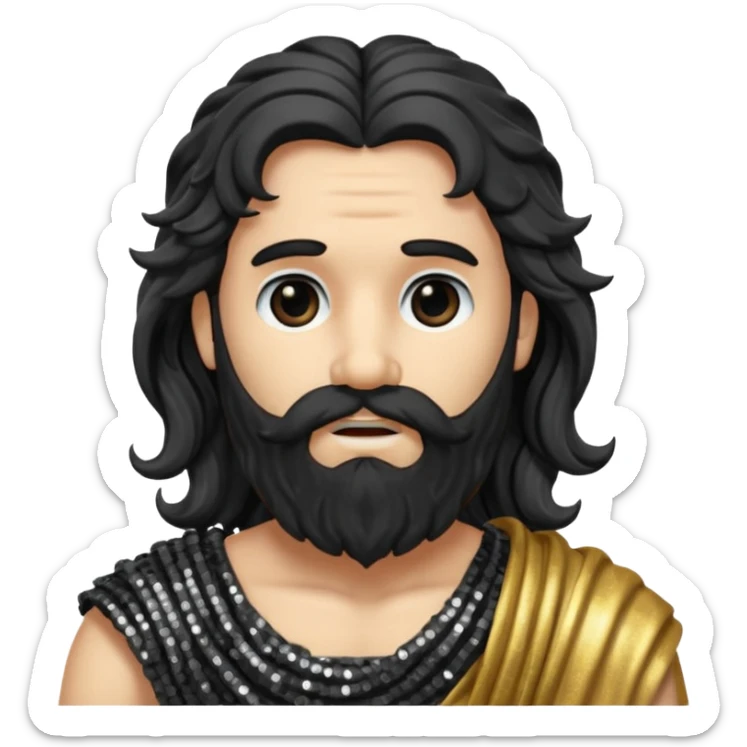 Pluto, God of Death from Roman Deities with long black wavy hair and beard, dark grey sequin toga sticker