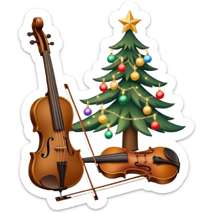 sapin de Noël décoré d'une guirlande lumineuse et de boules  avec un violon à la place du tronc et un petit singe perché au sommet en train de mettre l'étoile de Noël sticker