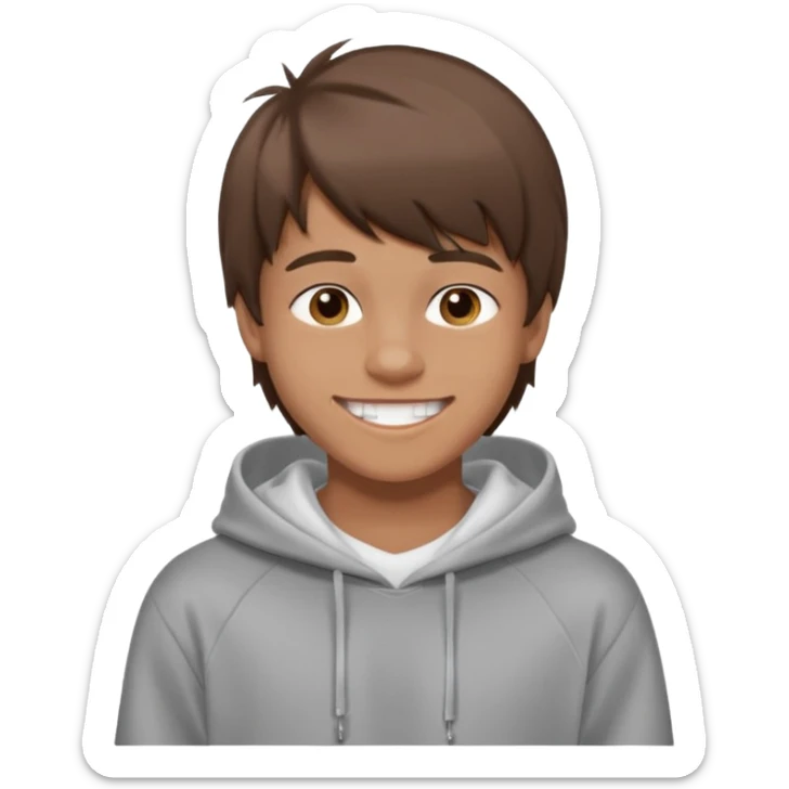 16 yr old boy, brown hair, straight, big smile, white teeth, tanned skin, bangs, hooded sweatshirt sticker