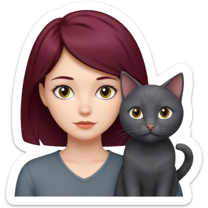 femme au cheveux court bordeau, yeux gris,  avec chat poils longs gris et chat poils ras noirs sticker