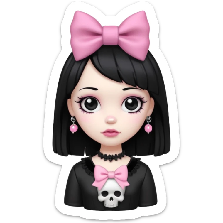 gothic girl with pink bow and skull charm, gothic style, vinyl figure, puffy details sticker