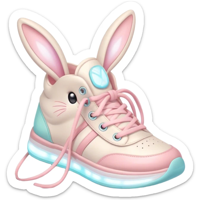 Cute Kawaii Shoe, small and bouncy, soft pastel sneakers with glowing highlights, cute sparkling eyes, a happy cheerful expression, laces tied like bunny ears! sticker