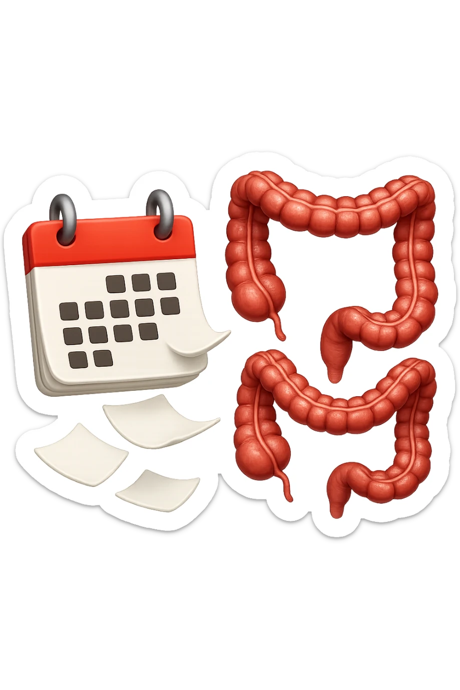 emoji stile iphone di un calendario con fogli che volano insieme a pezzi anatomici di colon umano, iperrealistico 4k, isolato su sfondo bianco sticker