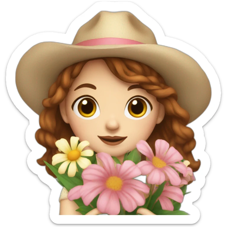 white skin with freckles, Girl with a hat, brown hair straight to the shoulders, holding a bouquet of flowers sticker