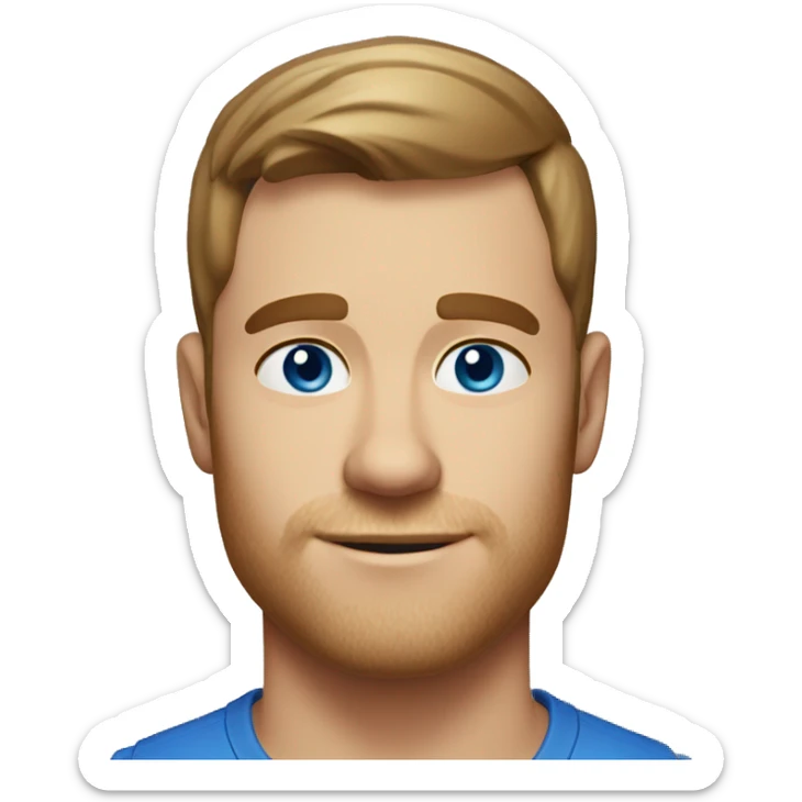 A head and shoulders shot of a 31 year old white man, with short brown hair,   with blue eyes wearing a t-shirt. sticker