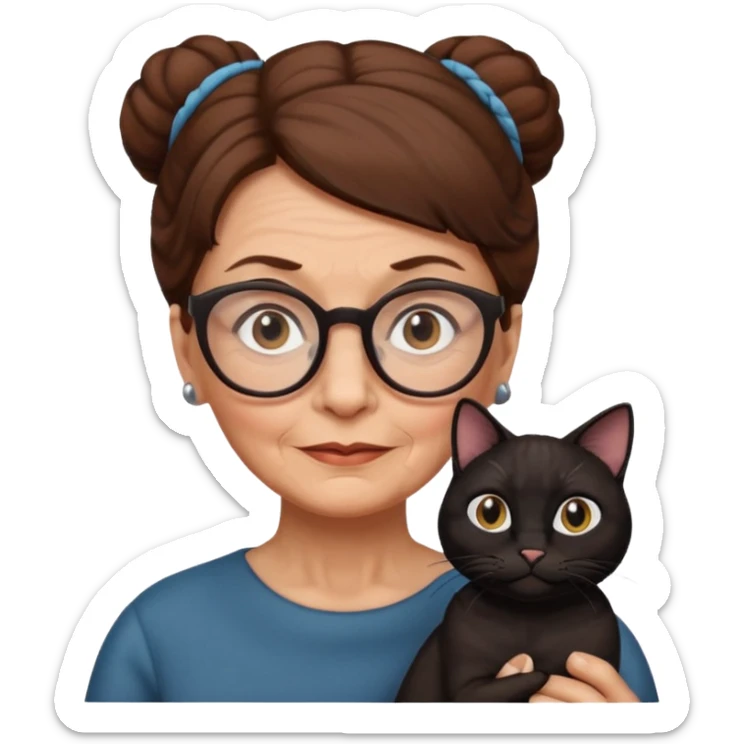 Old woman with brown hair one bun and glasses, white European
With black cat  sticker