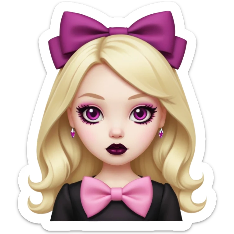 pretty bratz baddie, pale skin, blonde hair, pink bow, gothic style sticker