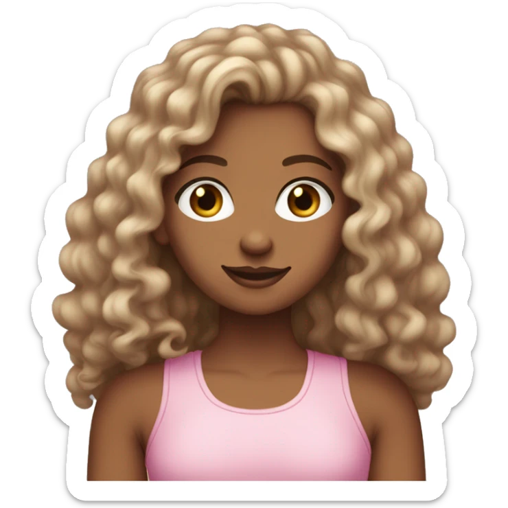 Olive-skinned white girl with long curly dark brown hair, brown eyes, wearing a pink tank top sticker