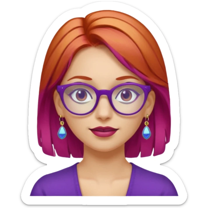 fai una signora con i capelli sia biondi che rossi con gli occhiali viola pieni di orecchini sticker