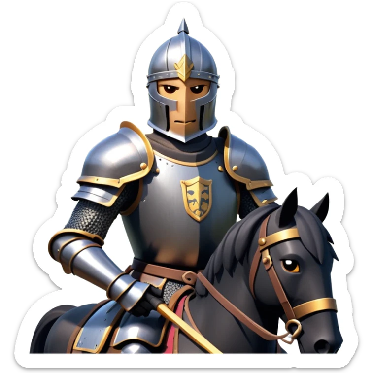 clash-of-clans-aesthetic_-cinematic-fearsome-and-majestic-knight-bust-portrait-emoji, rendered in a flat, vector-style with minimal shading and bold, simplified shapes, depicting a battle-ready medieval knight with steely eyes and intricate armor, mounted riding on a black warhorse reflecting sunlight over a misty battlefield. sticker
