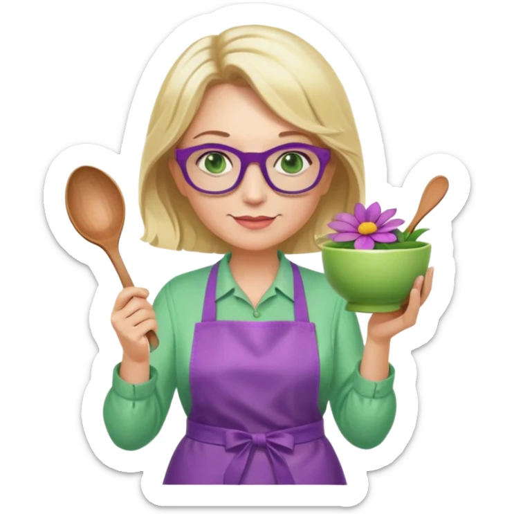 middle aged woman with shoulder length blonde hair, purple glasses, green eyes, wearing a flower apron, holding a bowl in one hand and a mixing spoon in the other sticker