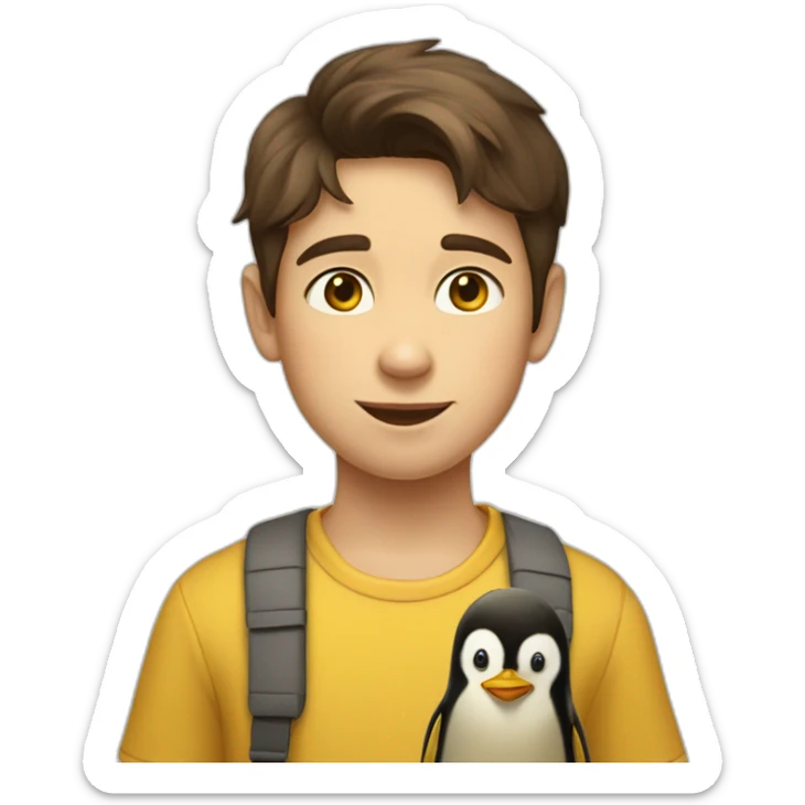 10 year old boy with brown hair wearing yellow ochre shirt with penguin on it sticker