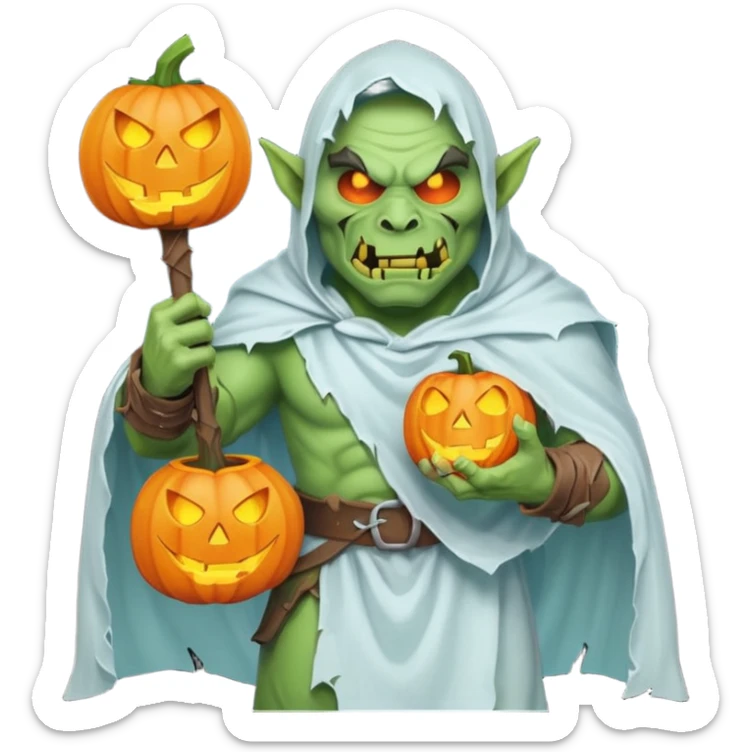 male orc warrior ghost emoji, green skin, tusks, wearing torn white ghost sheet costume, holding glowing jack-o'-lantern, faint blue aura, friendly but spooky expression, Halloween fantasy theme, Apple emoji style, clean white background, square sticker