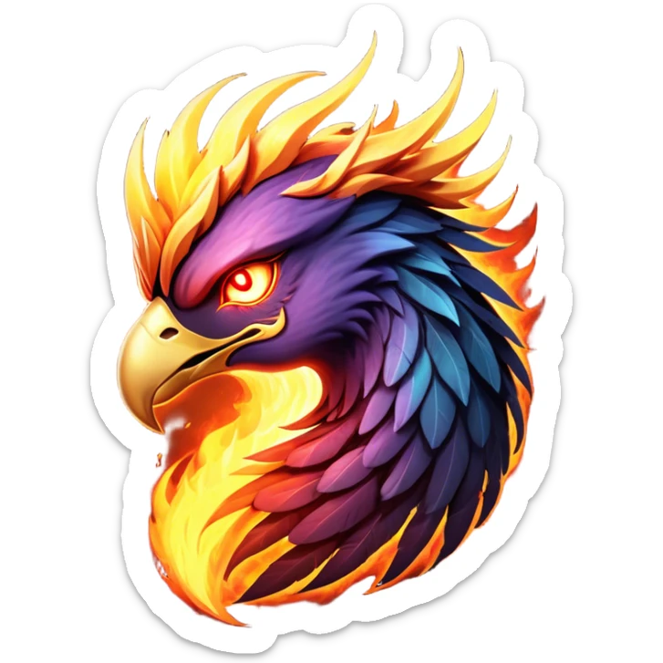 Cinematic Battle-Hardened Mystical Fire Phoenix Portrait Emoji, head bowed slightly in a moment of raw resilience, revealing a form etched with the wear of relentless conflict. Ragged, scorched plumage and half-closed, determined eyes speak to battles fought and won. Rendered with authentic detail and dramatic natural light that accentuates every scar and burn, high shine, this portrayal blends vulnerability with hardened strength, outlined in a soft glow that captures the essence of a phoenix tempered by the fires of combat. sticker
