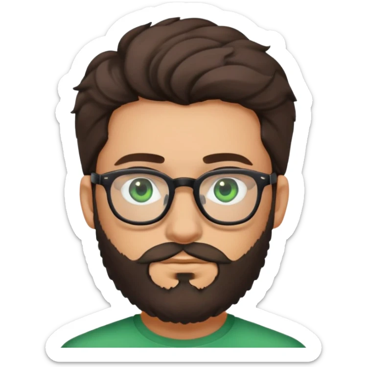 young man with dark slightly curled hair wearing glasses with green eyes and fuller beard sticker