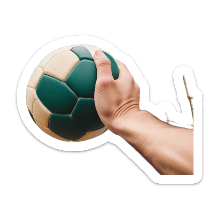 A close-up of a hand gripping a handball, with the goalposts visible in the background. The focus is on the texture of the ball and the strength of the grip, with the goal net slightly blurred to emphasize the anticipation of the throw. sticker