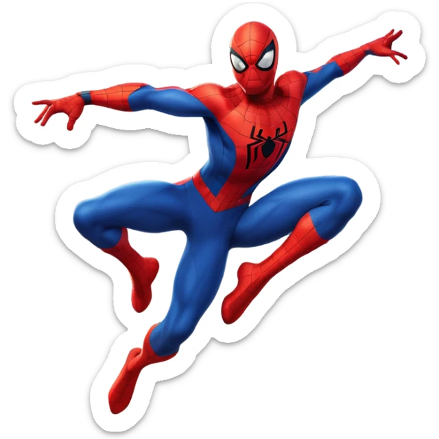 A whimsical portrait of Spiderman with a mustache, whimsical, cartoon style, detailed eyes, detailed skin, dynamic pose, city background, bright colors, 8k, high resolution, octane render. sticker