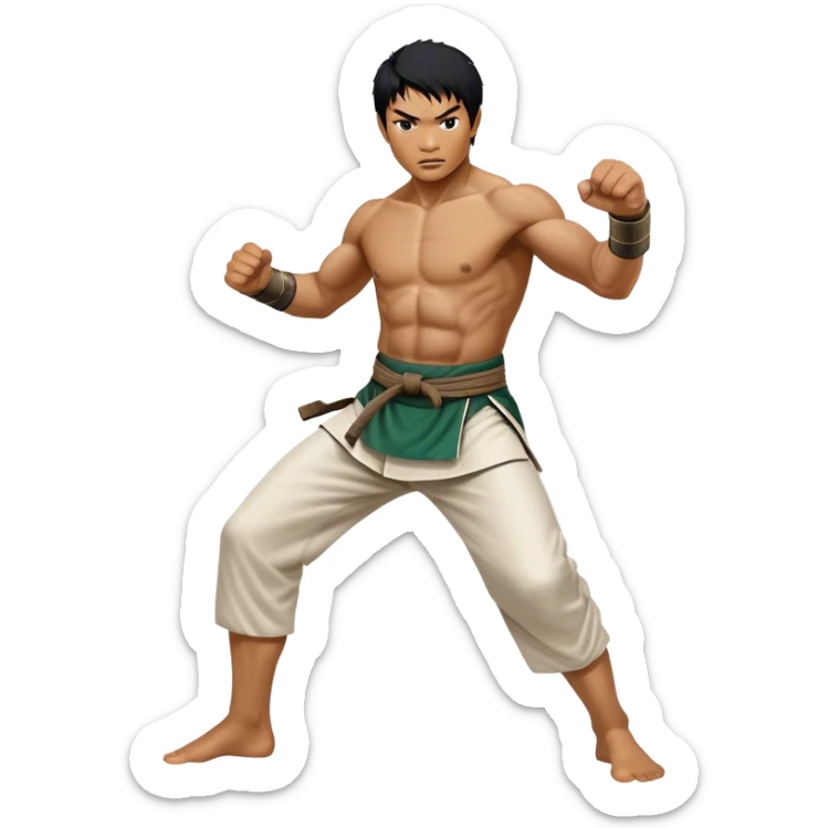 Tony Jaa – Cinematic Realistic Portrait of Tony Jaa, depicted as a dynamic martial arts warrior with intense eyes and a powerful stance in traditional Thai fighting attire, rendered in mid-motion with dramatic lighting and high-detail textures that capture his raw physicality and grace. sticker