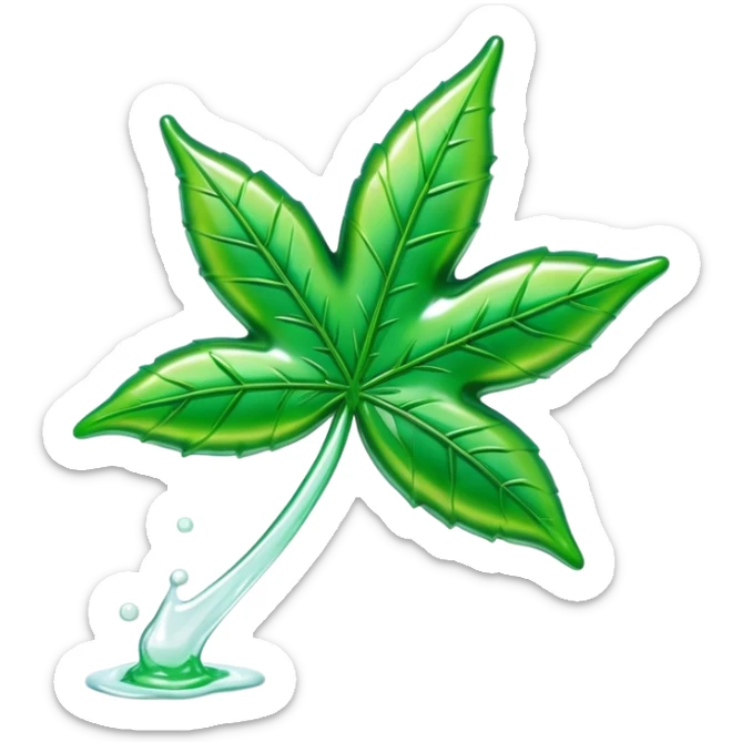 glossy green gusher gummy in the shape of a weed leaf with a bite taken out and liquid center visible sticker