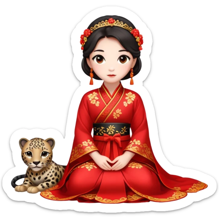 A beautiful girl in red Hanfu wedding dress sits on the ground holding a black leopard sticker