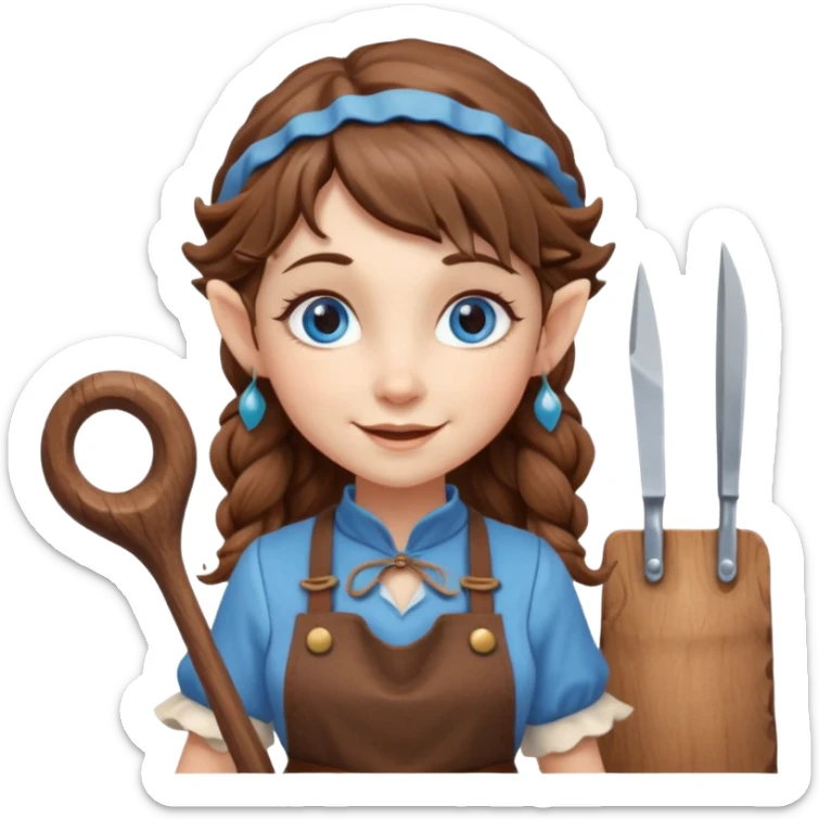 Kind happy whimsical quirky Girl toymaker, wood carving elf. Woodland creator. Blue eyes. brown hair (just below chin length) wavy hair & bangs. Whimsical playful cute sticker