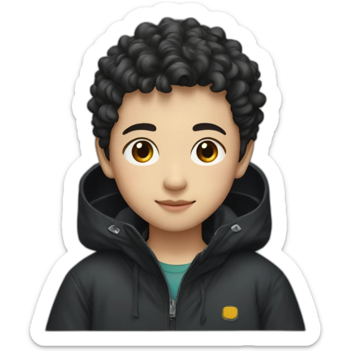 Chinese boy with short and slightly naturally curly hair wearing a black oversize waterproof jacket sticker