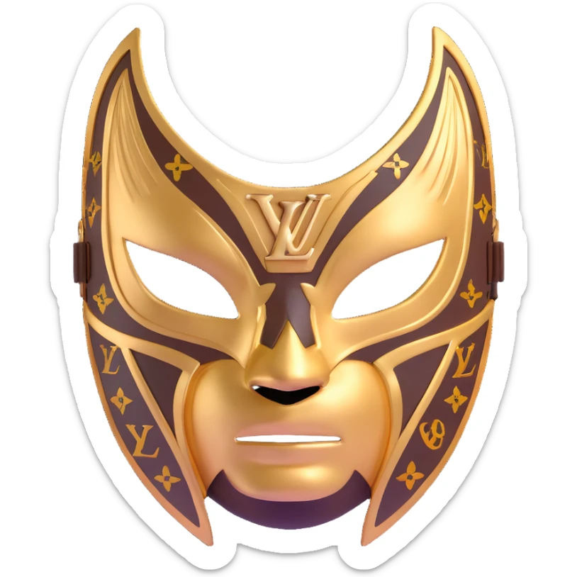 high fashion Louis Vuitton luchador mask with gold LV logos and luxury leather texture sticker