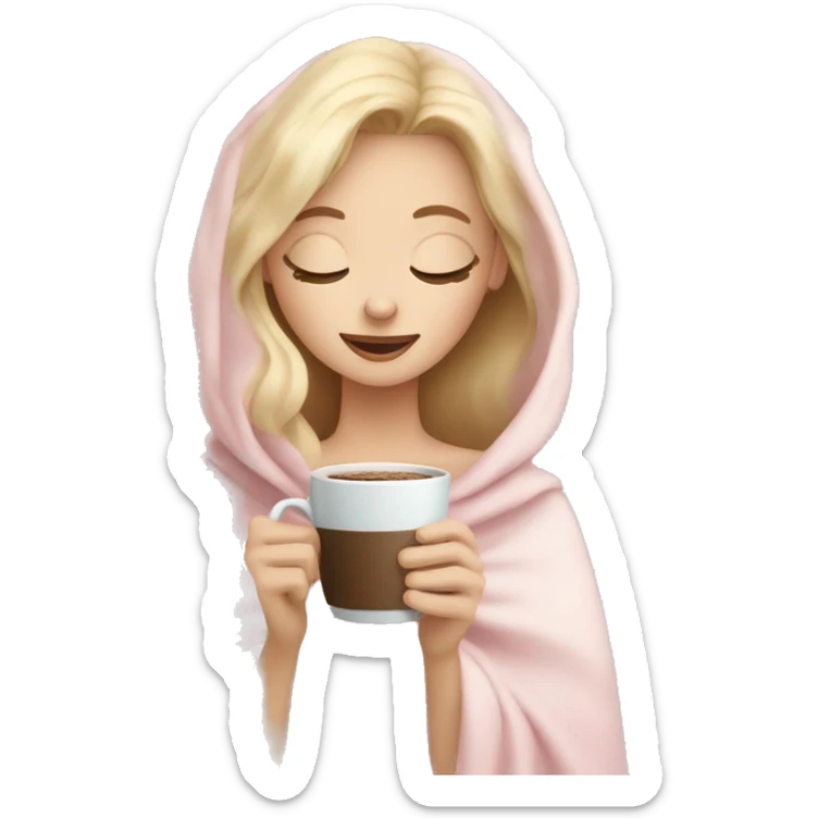 Blonde girl inside a light pink blancket sipping coffee eyes closed white skin blue eyes  sticker
