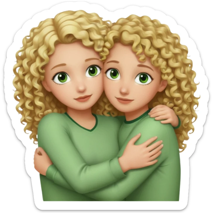 A girl with blonde curly hair and green eyes, hugging her friend  sticker