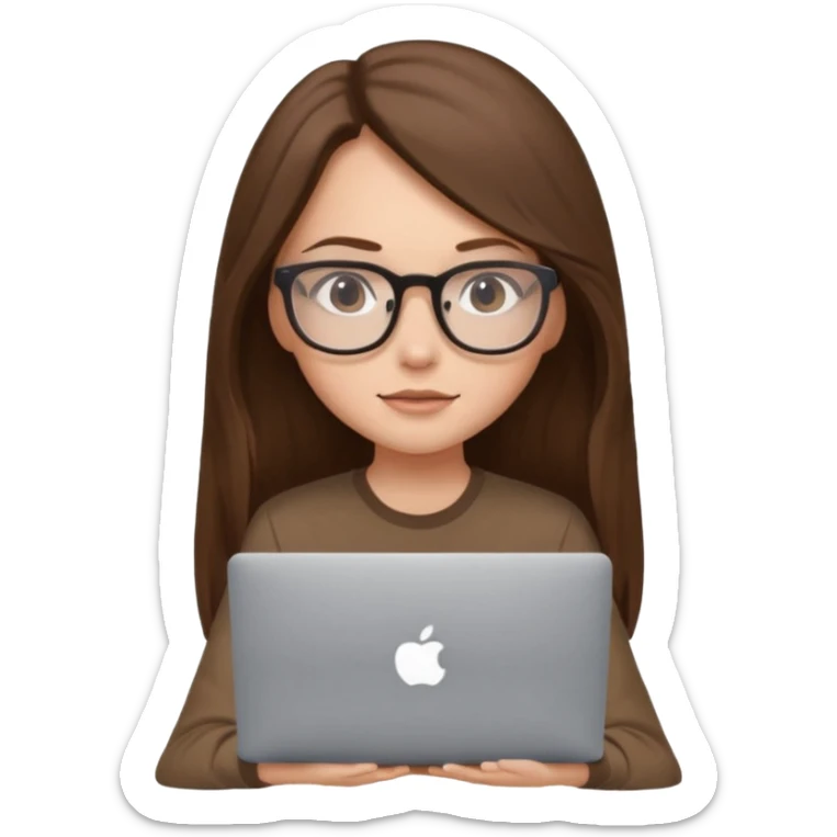 Girl in glasses,brown long hair, brown shirt, sitting with gray MacBook sticker