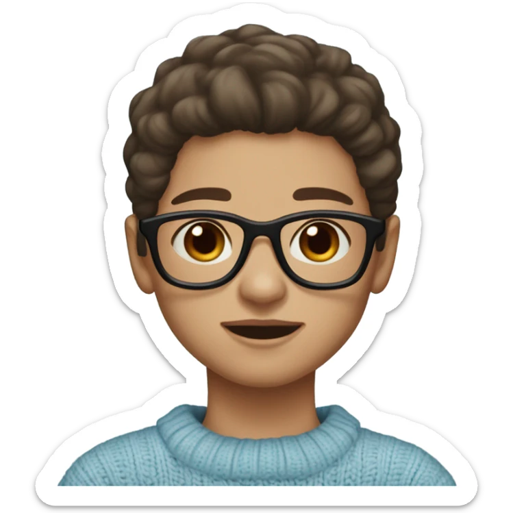 white light skin, long straight dark brown hair, light blue eyes, girl wearing aesthetic dark red sweater, glasses, sticker