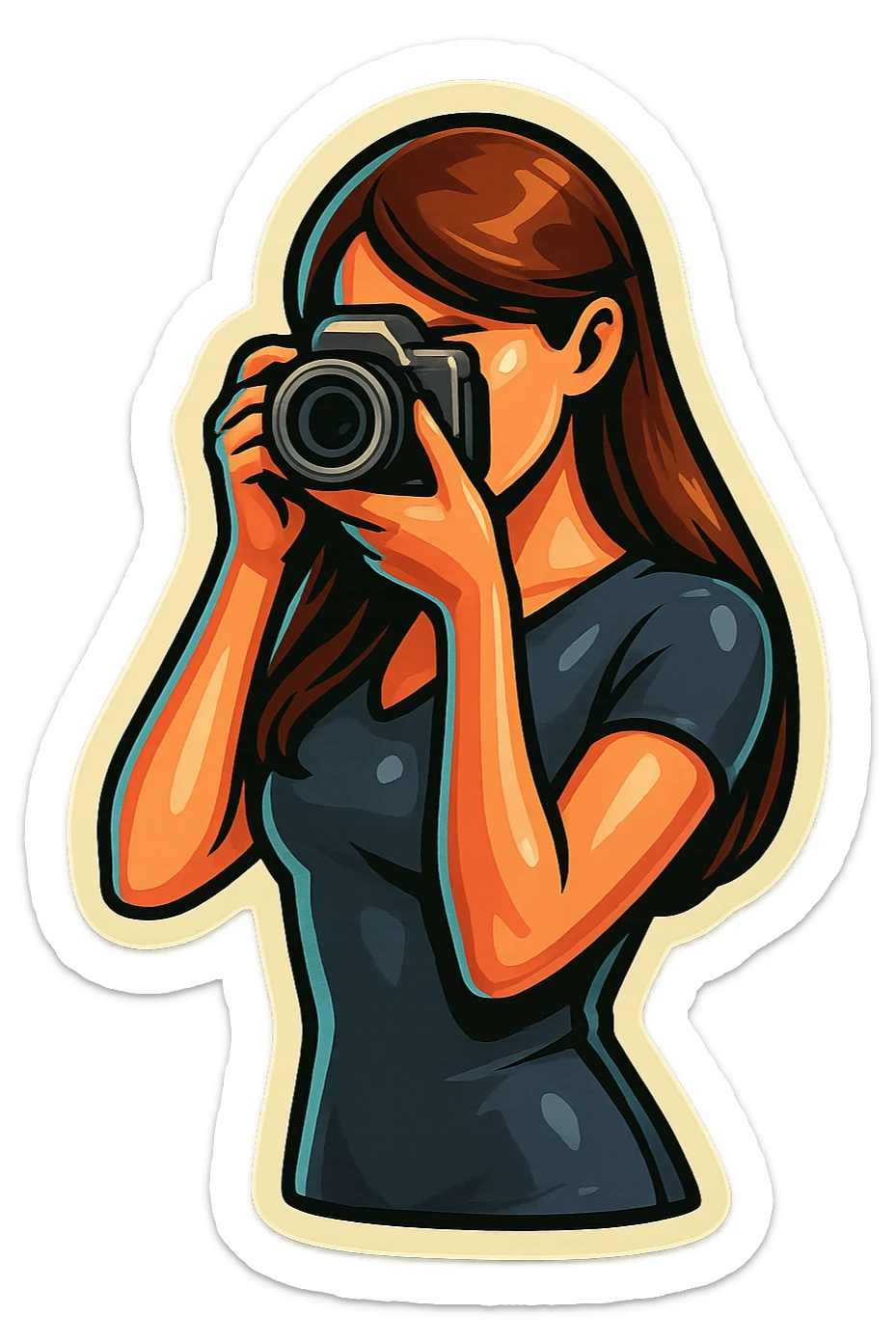 Edit the image of the girl in retro sticker style with clear bold outlines, expressive shadows and highlights. Dress the girl in fitted, figure-hugging clothing that shows her silhouette instead of oversized clothing. Remove any flowers. Keep the focus on the girl and the camera, emphasizing the clothing's silhouette and the camera details. sticker