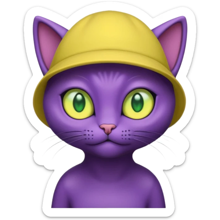dark purple alien cat with no fur and yellow hat and big green eyes sticker