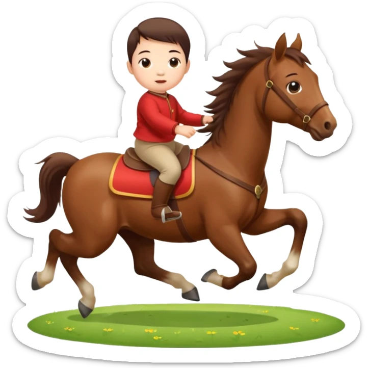 l little chinese baby riding on a  cute horse running really fast on the grass with 2026 year's label sticker