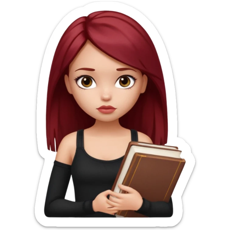 a pretty bratz fair girl with dark red straight hair, black cami top, looking sad holding books. looking sad sticker