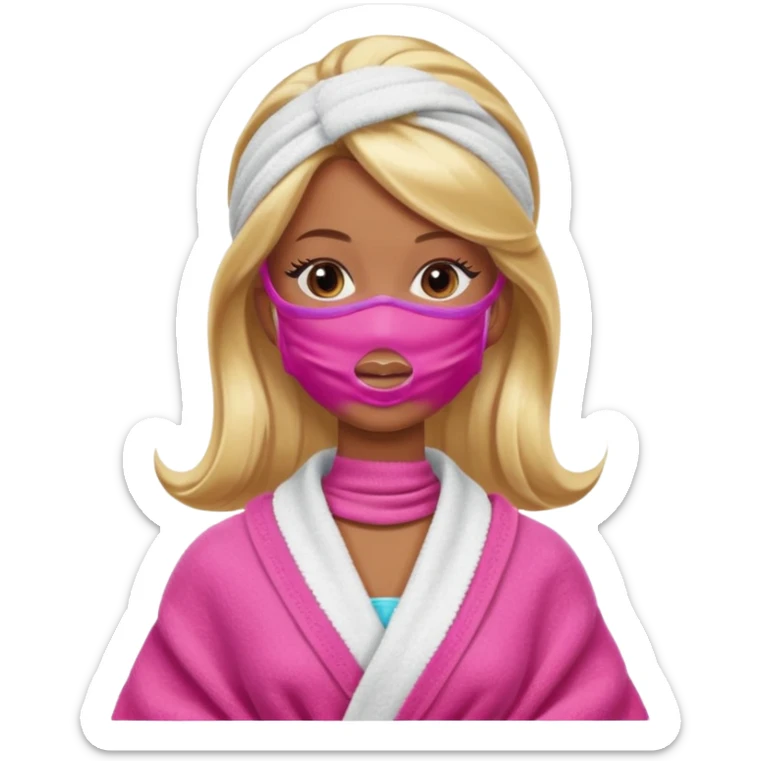 Brown skin blonde hair Barbie with face mask on and hair in towel sticker