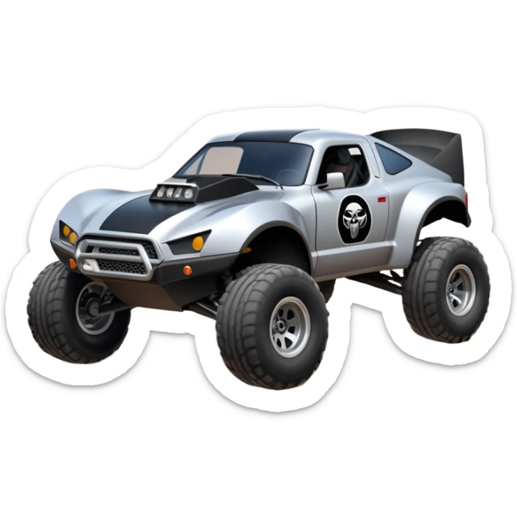 Satan’s and Vader (post race) Cabernet Dirty and dented Local Motors Rally Fighter off road race car hot rod trophy truck-style basher flying on a dusty road (silver wheels) sticker