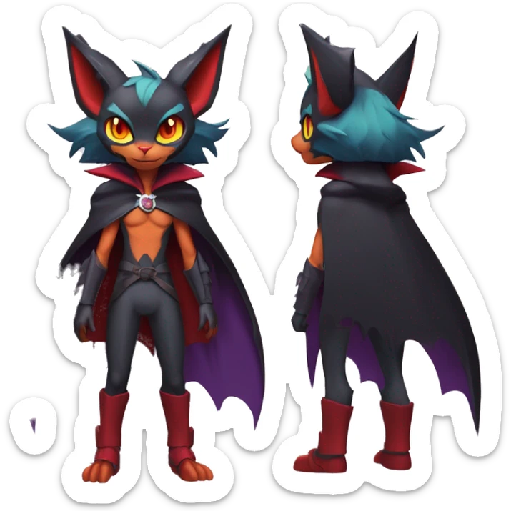  Anthro Kawaii Edgy Cool Vampiric Demonic Beautiful Noivern-Nargacuga-Litten with big Bat Ears and wearing a cape and collar full body sticker