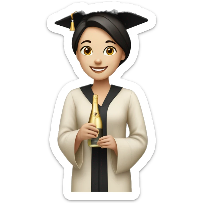 happy girl university graduate, with dark hair, fair skin, bottle of champagne in hands sticker
