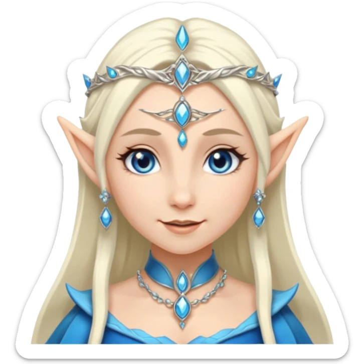 elf princess with pointy ears, white skin, silverblond hair with jewellery, blue eyes, gentle smile sticker
