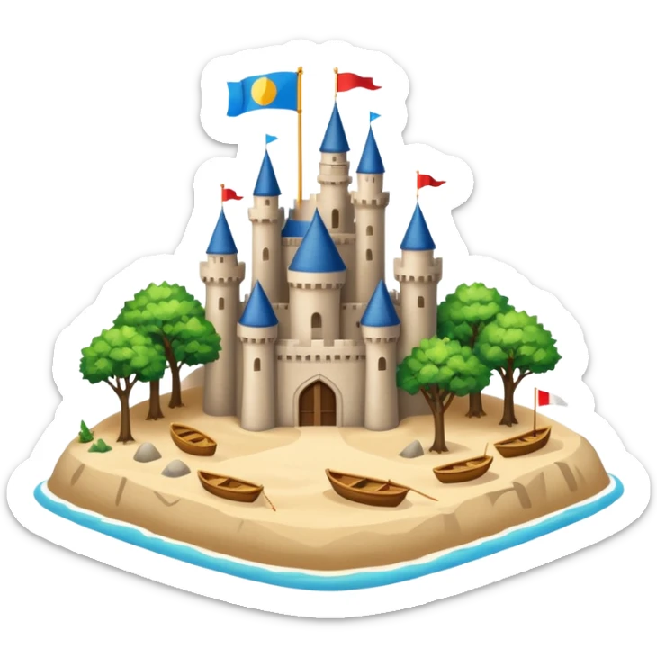 A huge island with trees boats and sand in the middle there is a huge beautiful castle sticker